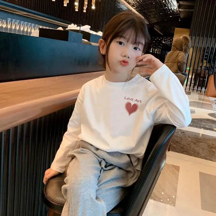 女童纯棉长袖t恤秋季内搭2024新款中大童儿童白色圆领打底衫上衣