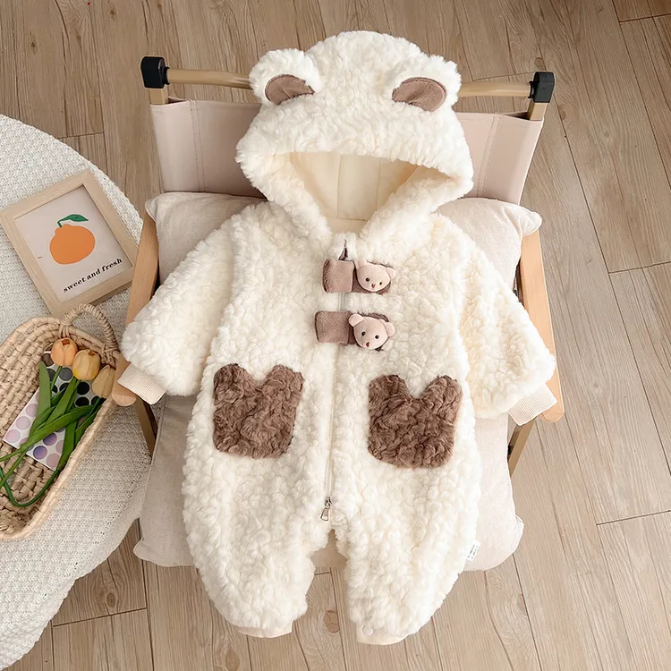 婴儿冬季毛毛衣男女宝宝冬装加厚加绒连体衣超萌洋气满月百天爬服