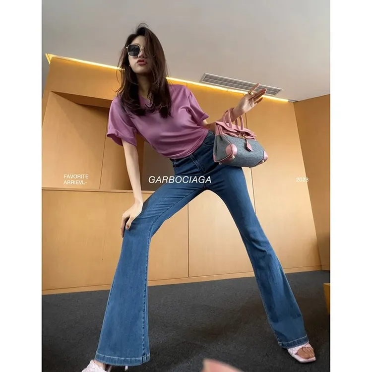 贯妗微喇牛仔裤女显高小个子弹力潮牌阔腿高档设计感百搭喇叭裤子