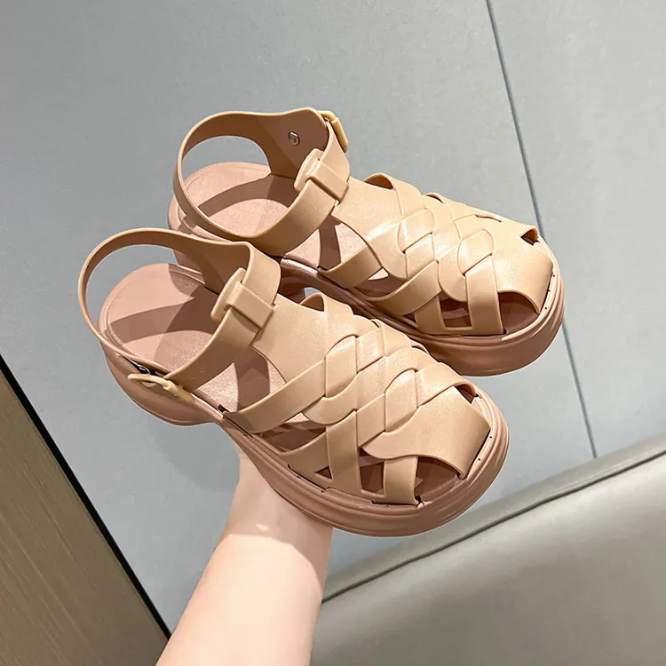 透明水晶凉鞋女夏平底韩版学生露趾果冻沙滩鞋防滑复古塑胶防水鞋