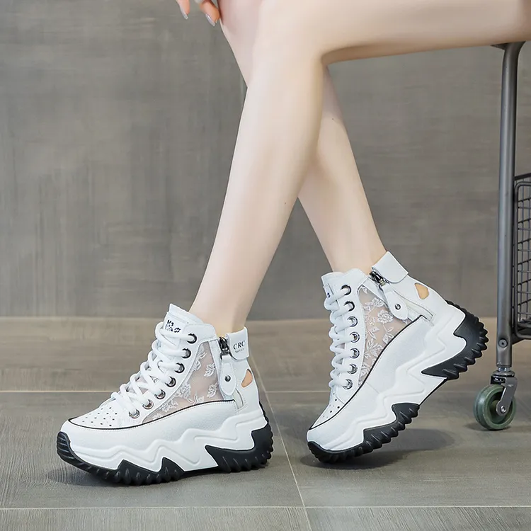 耐磨小道系带轻便透气女休闲跑步鞋网面小个子厚底显瘦运动鞋百搭