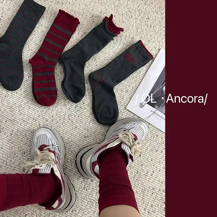 秋季新款堆堆袜条纹波点蝴蝶结棉中高筒女袜红灰时尚潮流红袜子