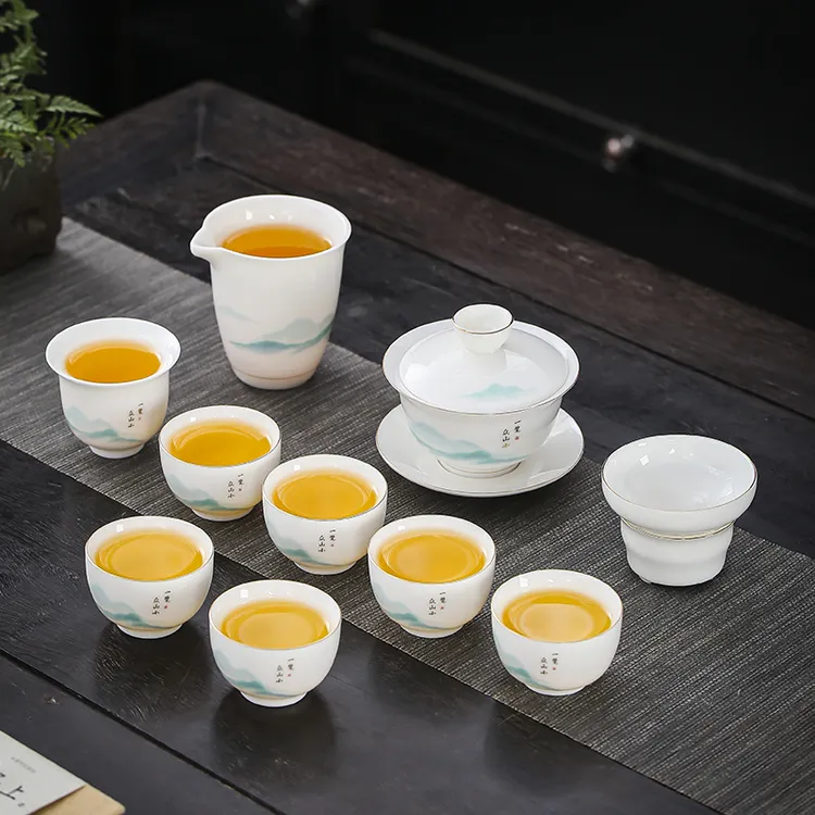 晟翔陶瓷茶具套装羊脂玉瓷一览众山盖碗10头加主人杯