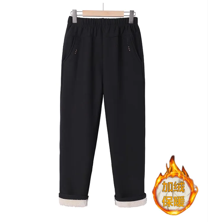 妈妈冬季加绒加厚宽松黑色中老年女装长裤子矮个子奶奶保暖棉裤