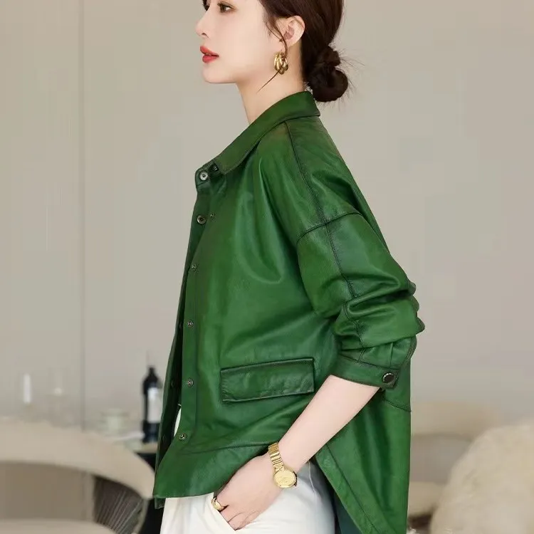 漫莎春季真皮方领时尚百搭显瘦宽松九分袖短款皮衣外套女88116