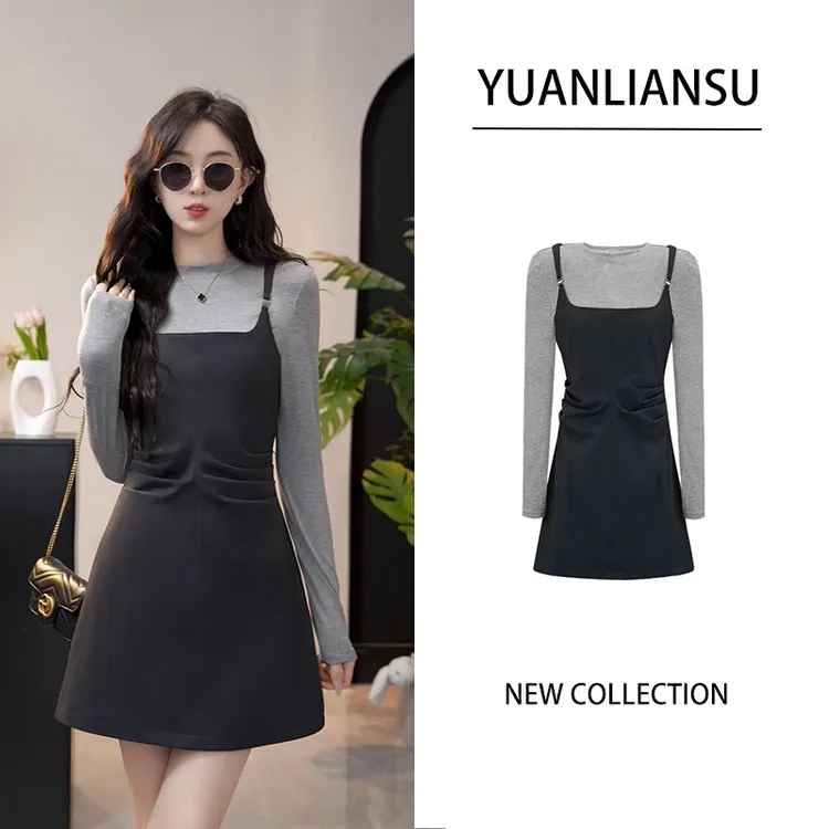 【现货】【晚月归云】秋季新款灰色上衣+黑色吊带裙两件套