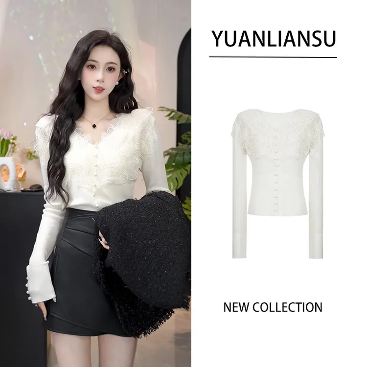 YUANLIANSU/圆脸酥【栀子花香】法式气质重工花瓣蕾丝V领针织衫女