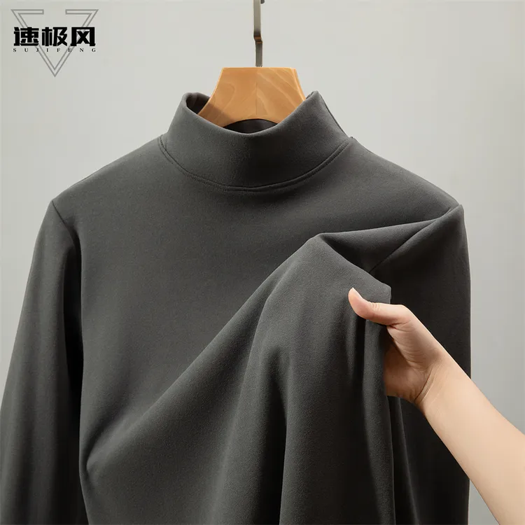 秋冬季德绒半高领打底衫男士早秋外穿加绒加厚加大码内搭保暖秋衣