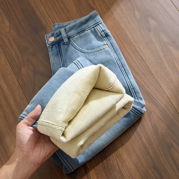 加绒窄版阔腿牛仔裤女2025秋冬新款高腰显瘦加厚宽松冬季直筒裤子