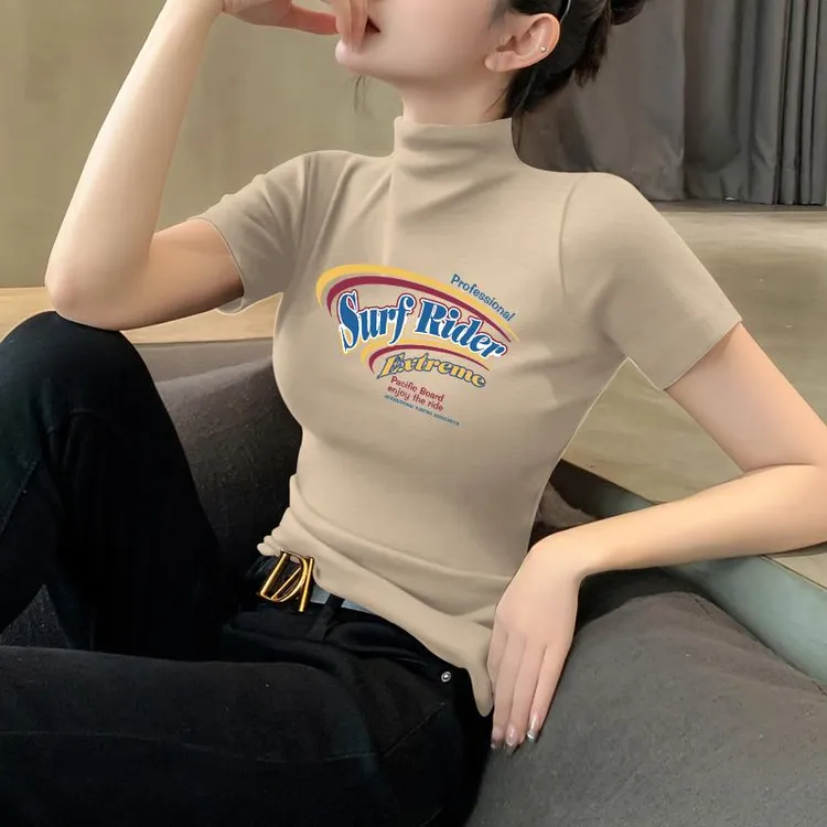 短款打底衫t恤夏季半袖修身半高领韩版显瘦洋气时尚紧身网红印花T