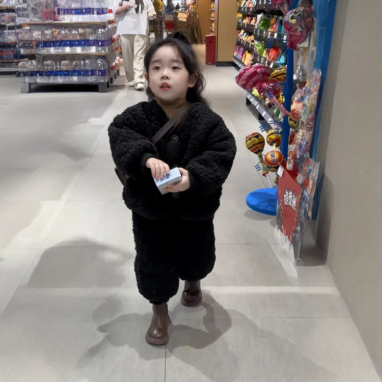 男女童韩版加厚套装2024冬季新款儿童加绒保暖毛毛外套裤子两件套