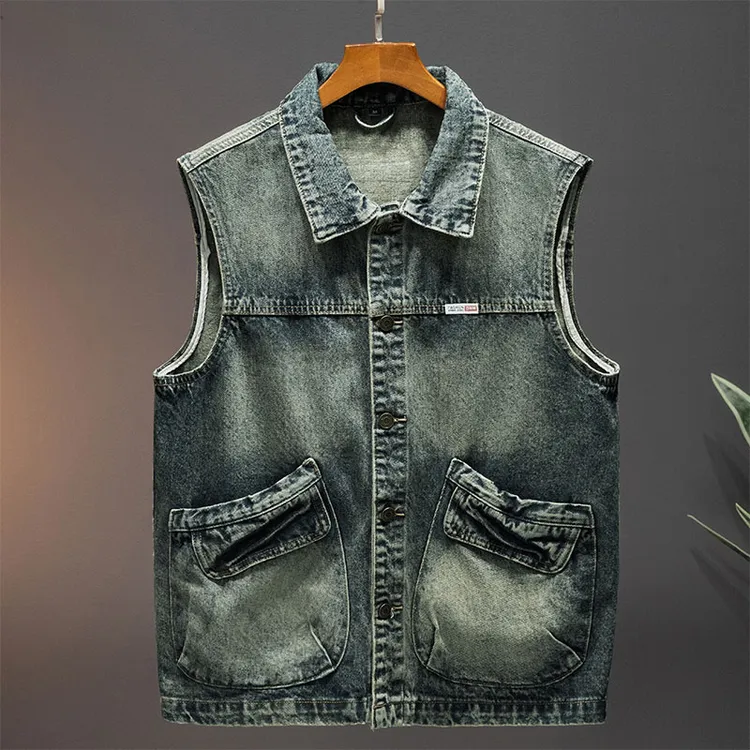 大码高街潮牌复古宽松马甲工装上衣美式休闲无袖牛仔外套男款百搭