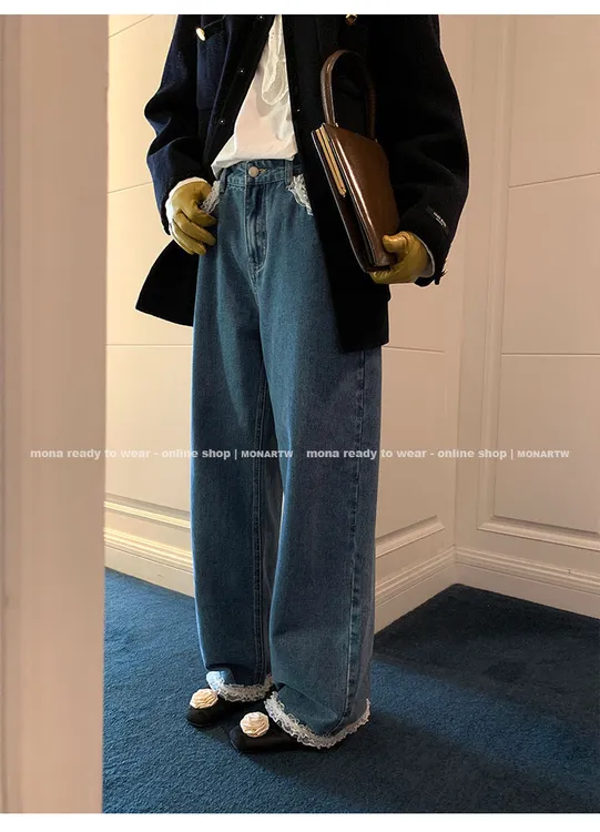 MONA 时尚潮流蕾丝设计感高级 中腰牛仔裤女小个子 2024秋冬新款