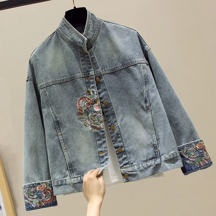 新中式国风刺绣牛仔外套女春季新款复古设计感立领高级感上衣夹克
