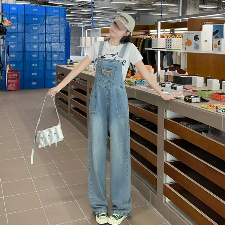 2025春季减龄复古牛仔背带裤女韩版宽松高腰显瘦直筒阔腿拖地裤子
