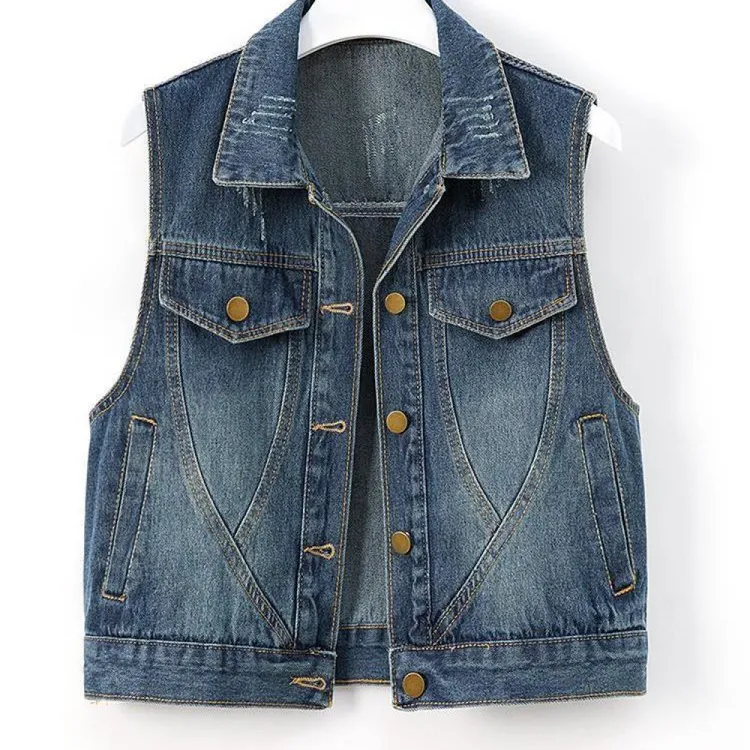 复古休闲设计感马甲女春季新款翻领单春秋款无袖水洗牛仔上衣马夹