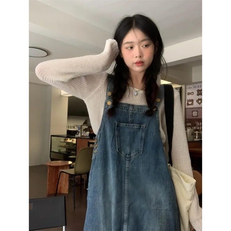 怀旧复古背带牛仔连衣裙女春季新款小个子做旧宽松显瘦中长款裙子