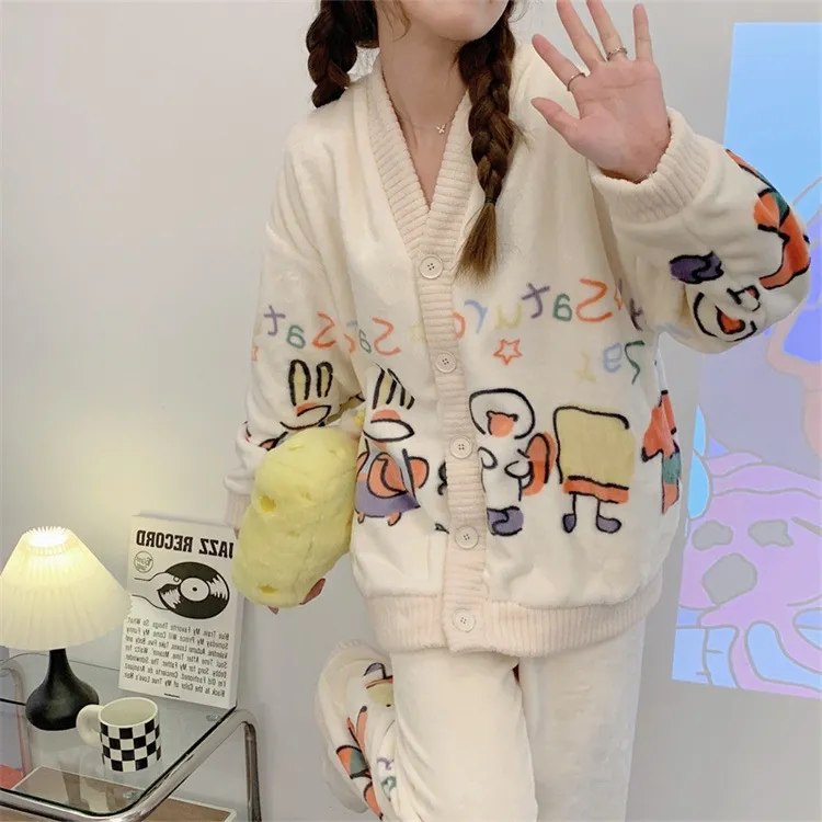 派大星甜美家居服可爱秋冬法兰绒睡衣加厚开衫宽松卡通套装可外穿