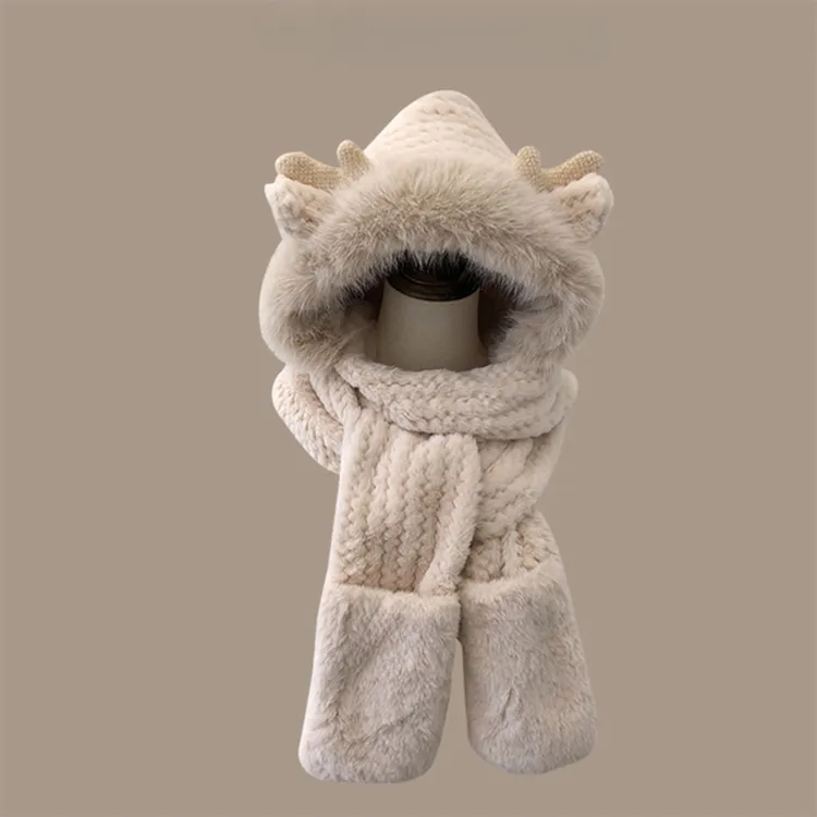 冬天小龙角毛茸茸保暖护耳三件套双层加厚围巾手套一体帽鹿角加绒