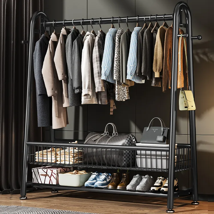 衣架落地卧室家用室内可移动晾衣架房间双层挂衣服架子简易衣帽架