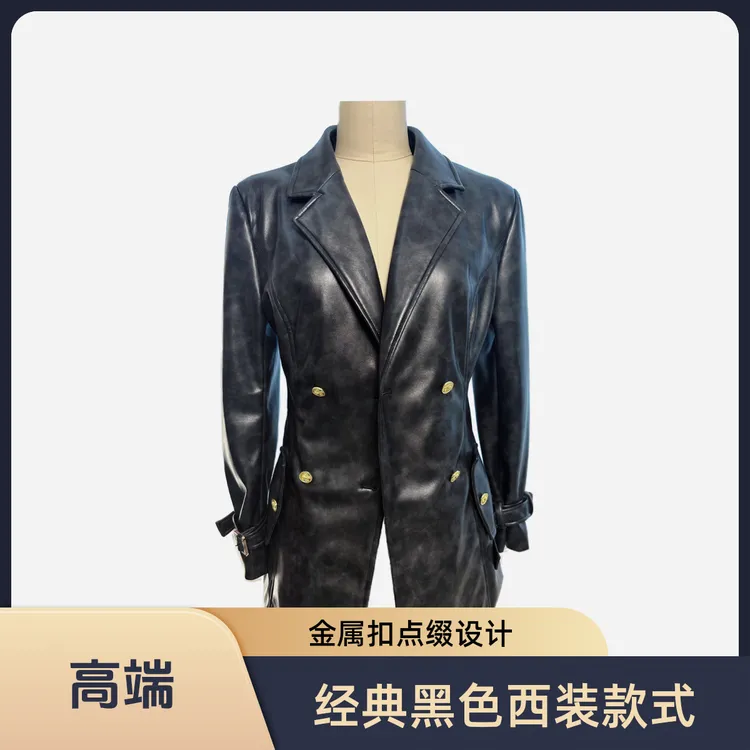 2024秋冬YIQINGNIAO小个子黑色西装气质休闲经典时尚蛋白皮外套