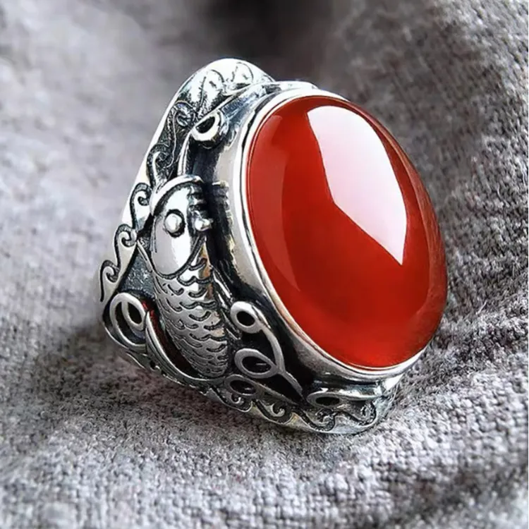 铜合金戒指 复古红色款双鱼戒指高级设计感精致时尚气质女士戒指