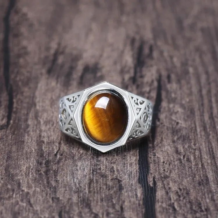 铜合金戒指 民族风个性复古霸气时尚气质镶嵌虎眼石可调节戒指男