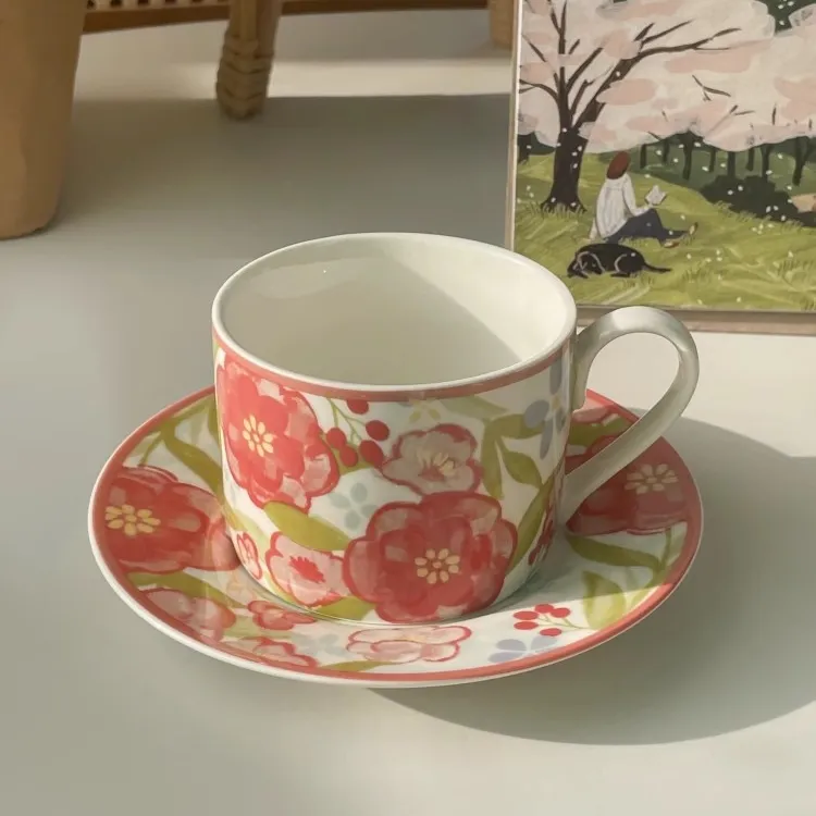 法式田园风手绘油画般咖啡杯碟套装粉色山茶花杯子下午茶小众礼物