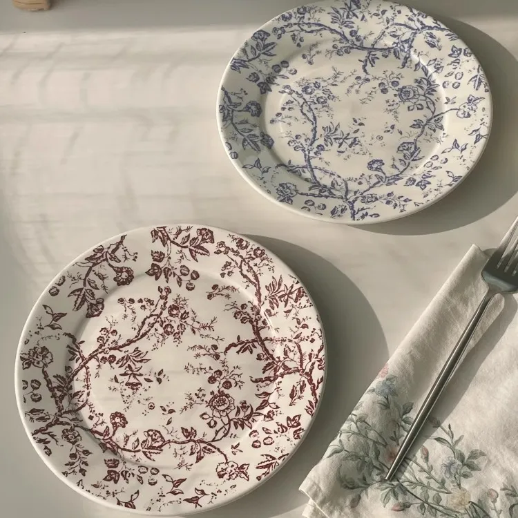 中古风复古藤蔓花卉陶瓷盘高级感ins杯碟8英寸甜品盘西餐盘点心盘