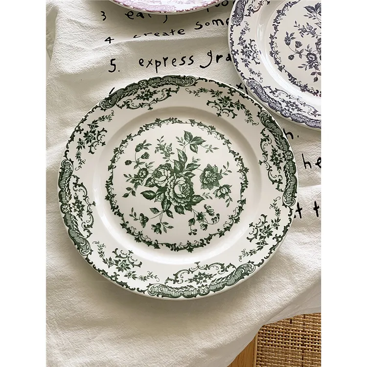 法式中古玫瑰花陶瓷家用复古意面盘西餐盘甜品盘点心盘菜盘早餐盘