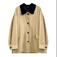 “韩气”卡其色领口藏青色灯芯绒拼接风衣外套