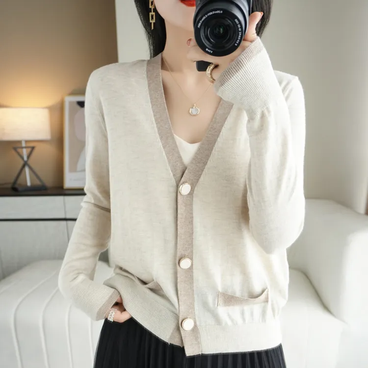 秋冬小香风开衫v领宽松显瘦时尚长袖针织衫百搭女士百搭打底衫