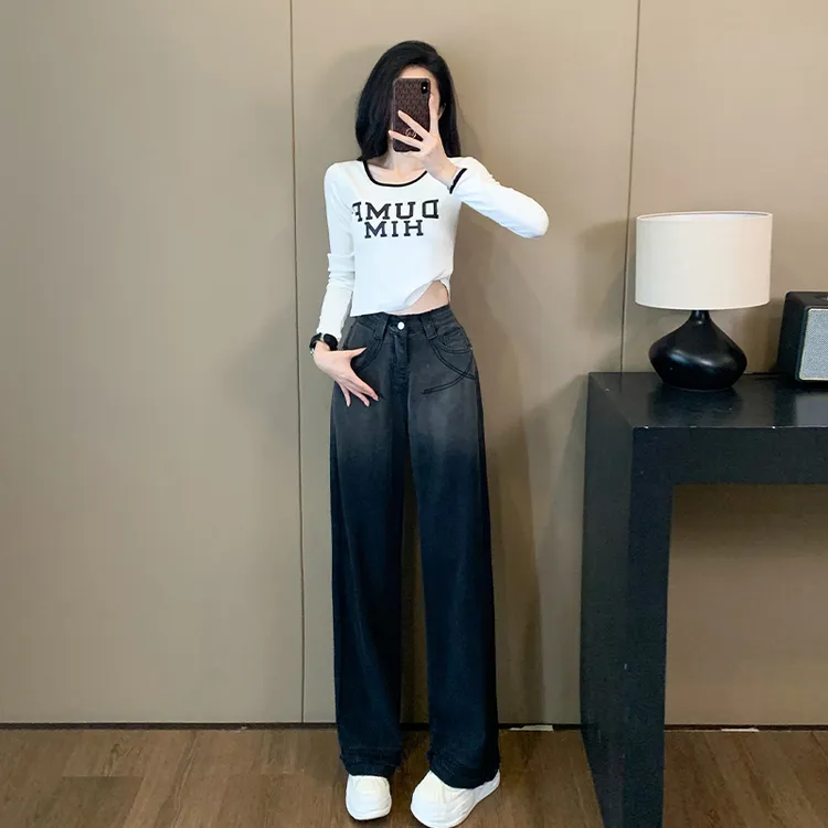 2025年秋季港风休闲时尚套装女辣妹短款白色长袖阔腿牛仔裤两件套