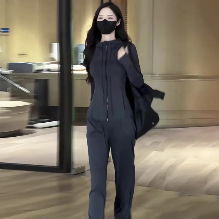 2025年春夏新款户外休闲运动跑步健身灰色薄外套上衣阔腿裤套装女