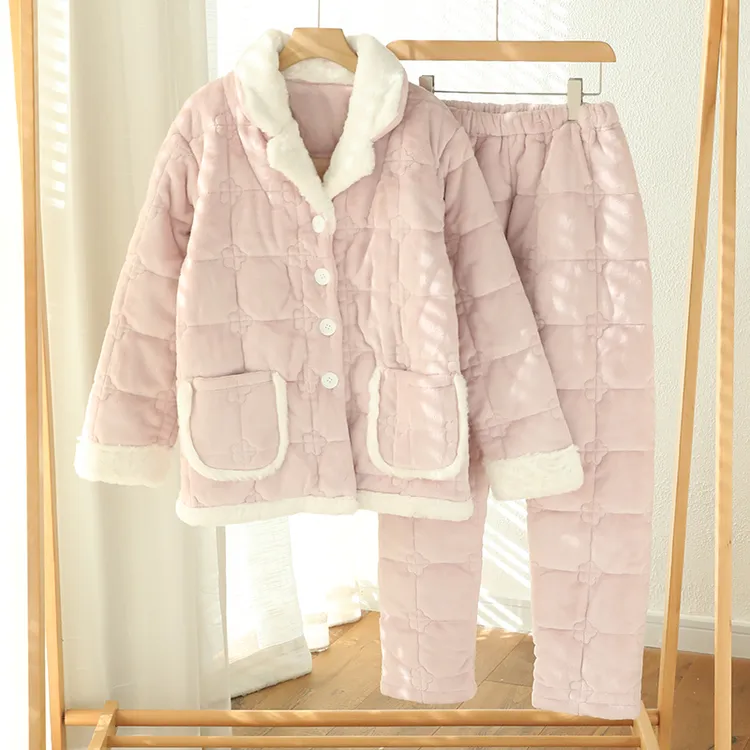 富朵秋冬保暖法兰绒月子服三层夹棉加绒加厚保暖孕产妇可外穿睡衣