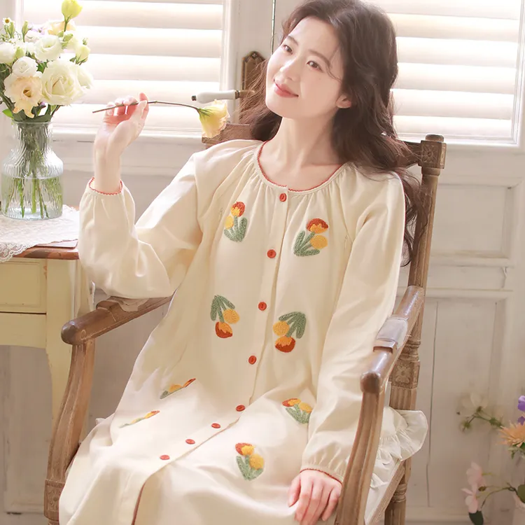 『毛巾绣郁金香』自带胸垫春夏月子服产后纯棉哺乳裙孕妇待产裙    