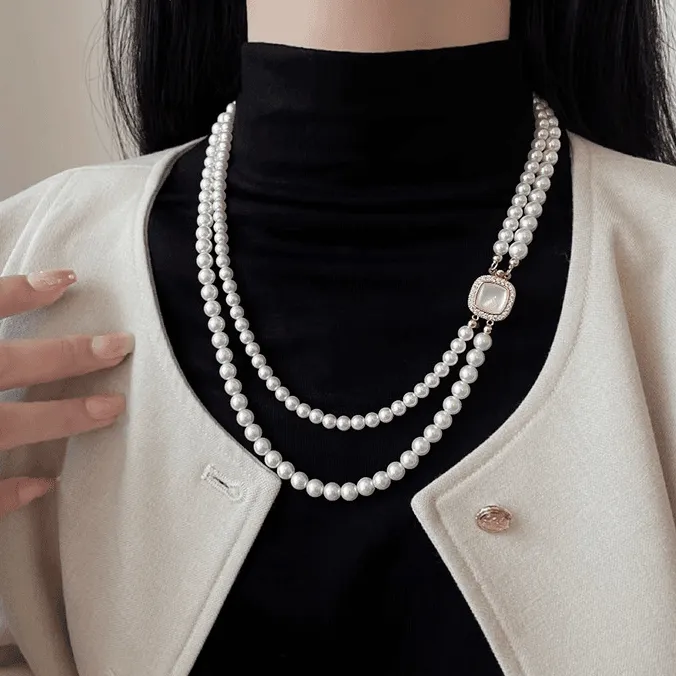 合金仿珍珠项链 高端气质双层秋冬长款毛衣链女新款项链轻奢小众 