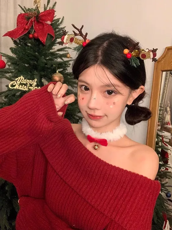 铜布艺项链 秋冬毛毛圣诞节甜美蝴蝶结铃铛项圈choker毛绒锁骨链 