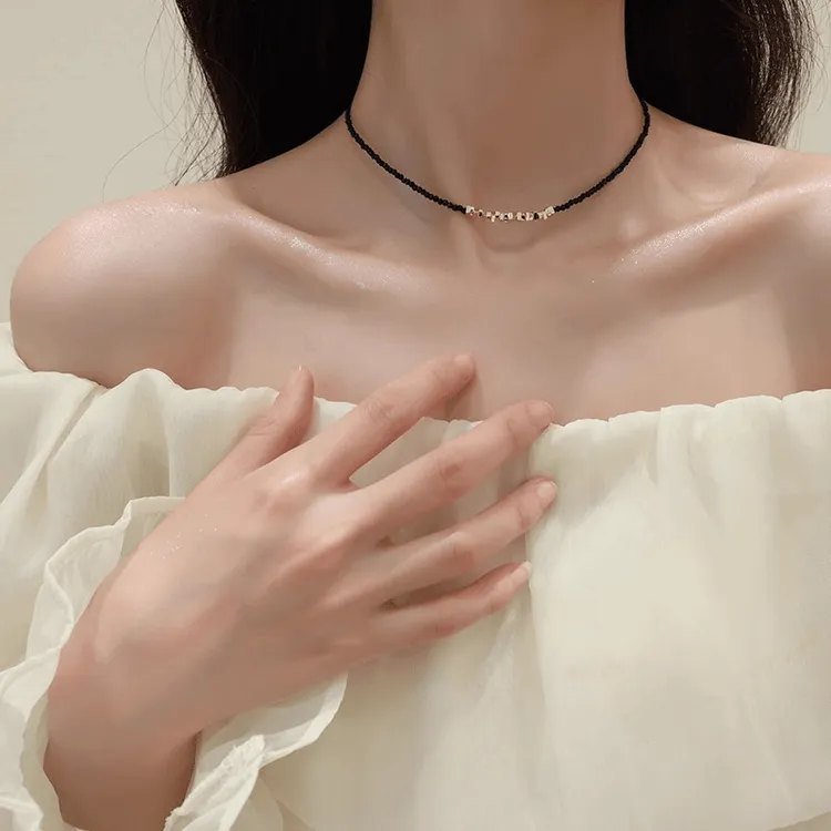 铜合金项链 黑色串珠项链女轻奢小众高级感气质颈链锁骨链冷淡风