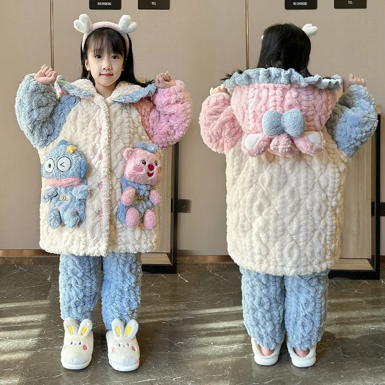 女童法兰绒睡衣2025冬季新款儿童三层夹棉加绒加厚保暖洋气家居服