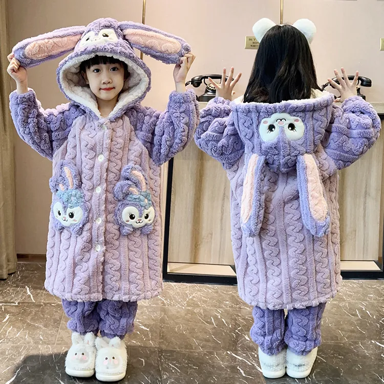 女童珊瑚绒睡袍加绒2025新款儿童长款睡衣加厚洋气可爱家居服套装