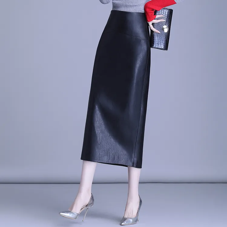 2024新款海宁真皮显瘦半身裙包臀裙一步裙秋冬高腰大码开叉长裙