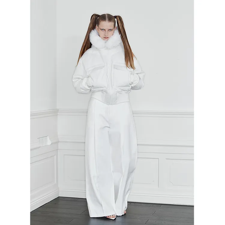 Aeaea 黑色白色棕色飞行员夹克连帽毛毛廓形羽绒服90白鸭绒