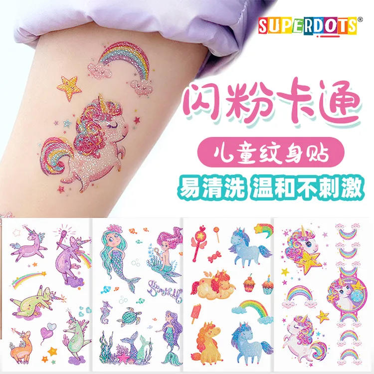 卡通闪粉纹身贴转纹身贴儿童女孩水印防水水贴可爱可洗透明公主