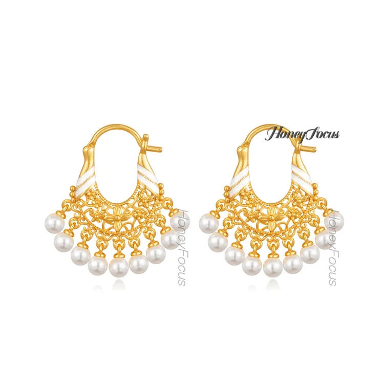 925银仿珍珠耳饰 裙摆耳环 金色小众轻奢个性女士耳环 #9003