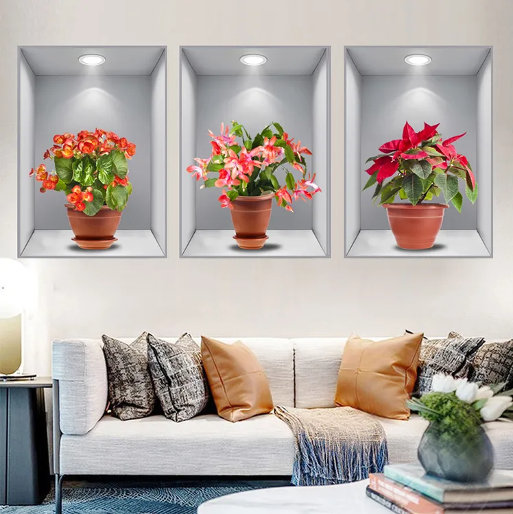 楼梯三联壁画植物花卉3d效果三连画盆栽贴画过道客厅绿植装饰画