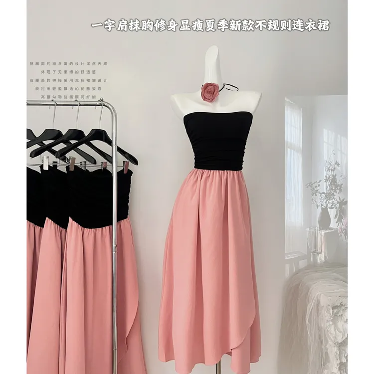 SUK 玫瑰花期！一字肩抹胸高腰长裙修身显瘦夏季新款不规则连衣裙