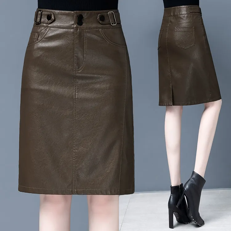 秋冬新款皮裙女高腰显瘦百搭中长款吧半身裙大码a字pu皮裙一步裙