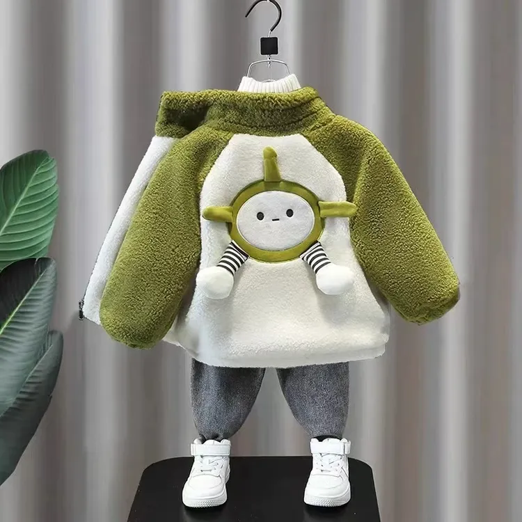 宝宝外套时髦加绒加厚保暖冬装儿童2024新款时尚拼接毛毛衣潮童装