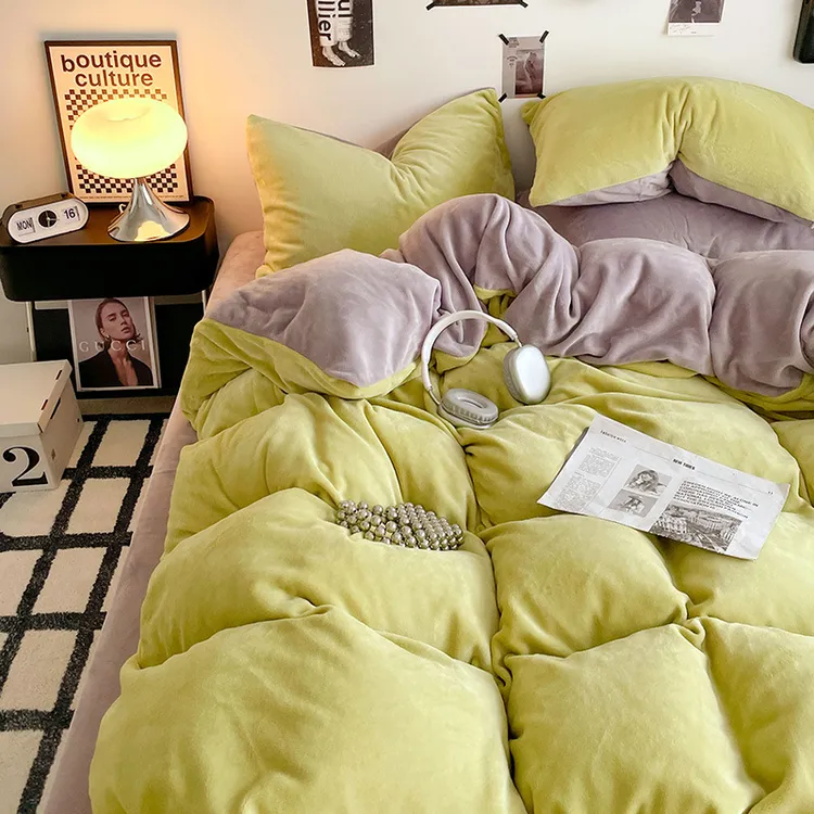 秋冬款加厚学生单人三件套双人床卧室床笠款加绒套件毛绒纯色绒被